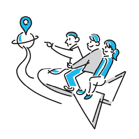 男女3人が飛行機に乗って目的地を目指すイラスト